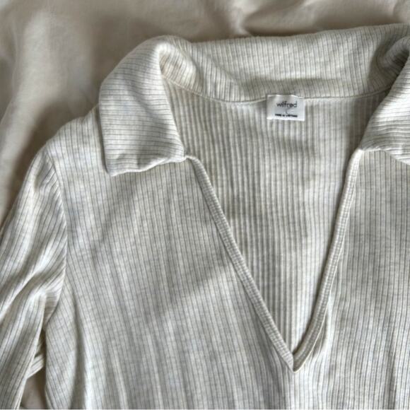 Wilfred | Aritzia Cream Soft Knit Ribbed V-neck Collar Long Sleeve Top - Picture 3 of 6